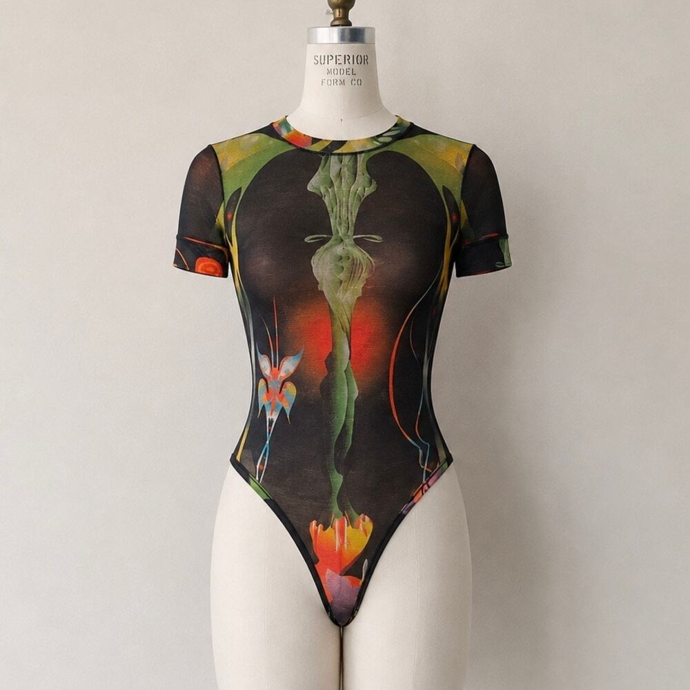 SKIMS Obsidian Print Mesh T-Shirt Bodysuit Sheer Black Surreal Graphic XL -